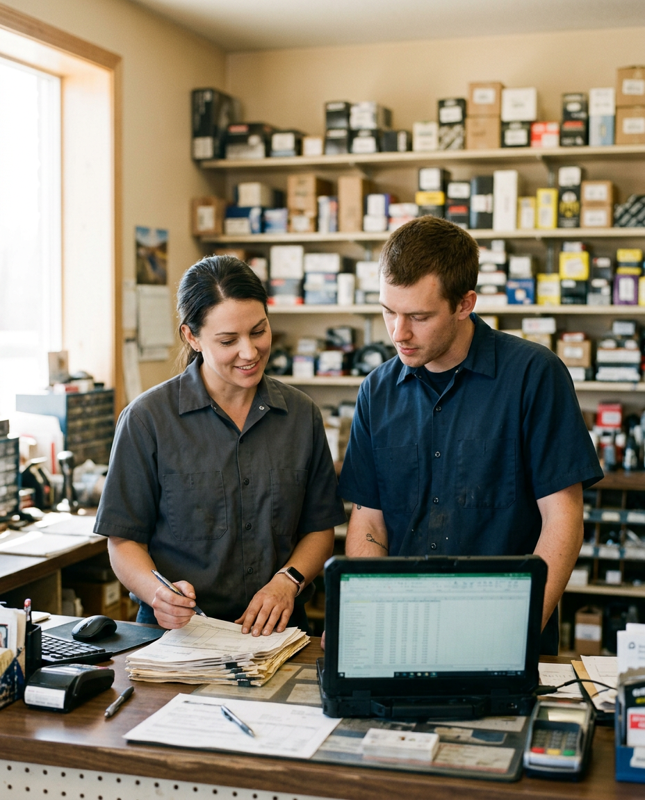 Two people at the parts counter of an independent repair shop, going through paper statements and a spreadsheet