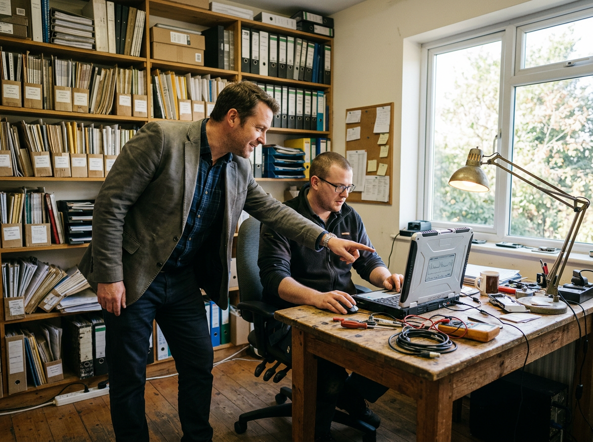 A manager points at a laptop screen while a colleague works through records in a small back office