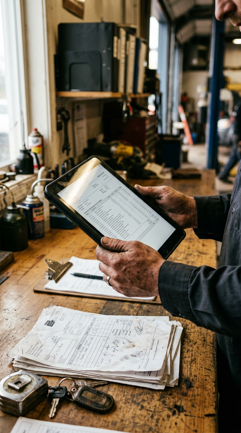 Hands holding a tablet that shows a supplier statement, with paper invoices on the workbench beside it